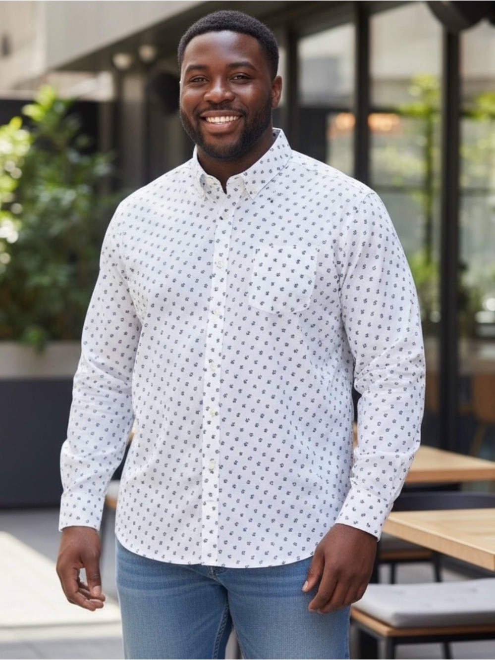 NWT Men's White Long-Sleeve Button-Down Shirt with Navy Floral Print